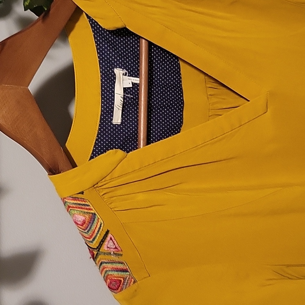 Anthropologie Mustard Yellow Embroidered Border Long-Sleeve Dress - Picture 3 of 11